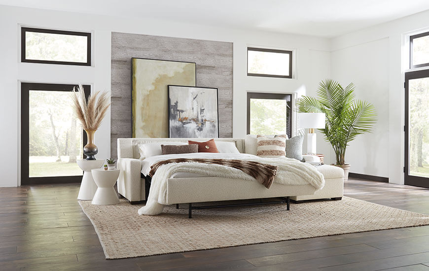 Scandinavian Designs Gallery | Hoover, AL | LyonsSleeperSectional LYO SR2 QP LYO STC LA BeaconCream Acorn SleeperOpen BedDressed